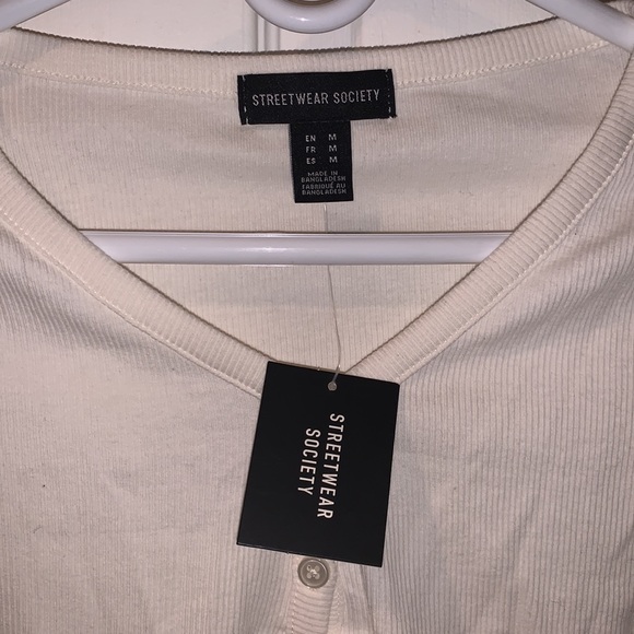 New cropped white ribbed three button V-neck long sleeve crew neck sweater - Picture 3 of 3